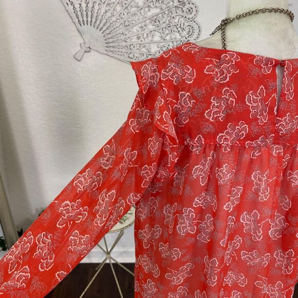 Boho Coquette Red White Micro Mesh Frilly Sleeve Sheer Blouse S - Picture 2 of 6